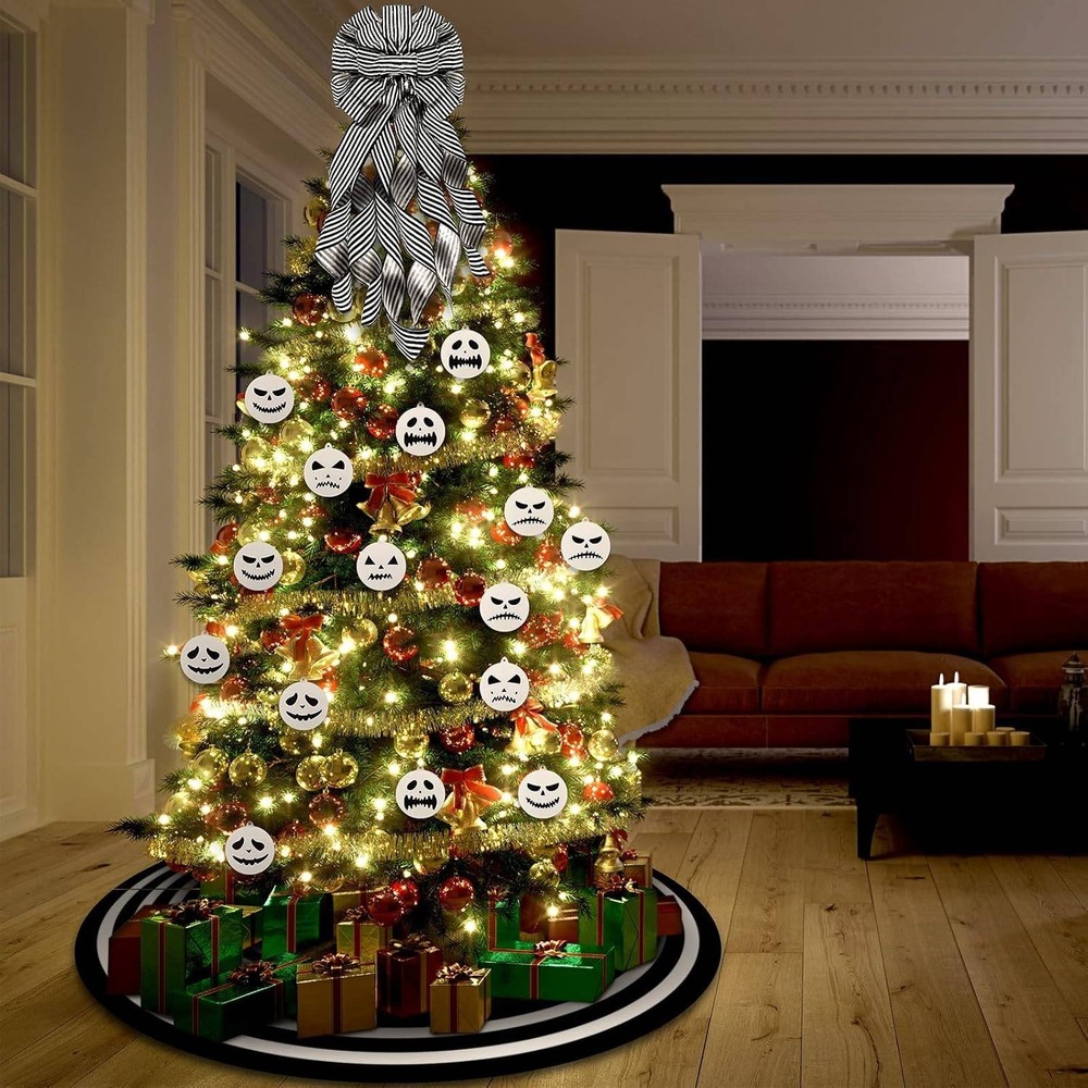 Halloween Christmas Decor Set Striped Skirt Bow Pumpkin Ornaments Black & White - Picture 6 of 7